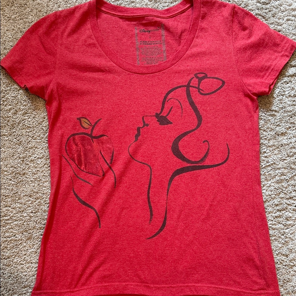 Disney Red Scoop Neck Tee with Black Stylized Apple Graphic